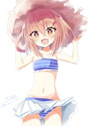 Rule 34 | 1girl, alternate costume, arms up, bikini, blue bikini, blush, brown hair, fang, folded ponytail, hair ornament, hairclip, hat, highres, hizaka, ikazuchi (kancolle), kantai collection, looking at viewer, navel, one-hour drawing challenge, open mouth, pleated skirt, short hair, simple background, skirt, smile, solo, straw hat, striped bikini, striped clothes, swimsuit, twitter username, white background, white skirt