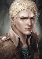 Rule 34 | 1boy, blonde hair, brown jacket, closed mouth, collared jacket, commentary request, dated, frown, furrowed brow, green shirt, greenteaa, grey background, jacket, male focus, open clothes, open jacket, orange eyes, reiner braun, shingeki no kyojin, shirt, short hair, signature, solo, upper body