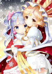 Rule 34 | 2girls, blonde hair, blue eyes, blush, bow, breasts, brown eyes, cape, cleavage, closed mouth, commentary request, crown, dress, earrings, fur-trimmed cape, fur-trimmed dress, fur collar, fur trim, hair bow, hair ornament, head tilt, holy mami, hood, hood down, hooded cape, jewelry, juliet sleeves, long hair, long sleeves, looking at viewer, looking back, looking to the side, magia record: mahou shoujo madoka magica gaiden, mahou shoujo madoka magica, medium breasts, minami rena, multiple girls, one side up, parted lips, pink bow, pleated dress, puffy sleeves, red cape, red dress, rin2008, ringlets, santa costume, sidelocks, silver hair, snowflakes, star (symbol), star hair ornament, thighhighs, tomoe mami, white dress, white legwear