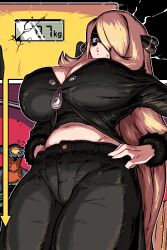 Rule 34 | 1girl, belly, blonde hair, breasts, cleavage, crack, creatures (company), cynthia (pokemon), game freak, garchomp, gen 4 pokemon, hair ornament, hair over one eye, kingbawoon, large breasts, long hair, navel, nintendo, pants, pokemon, pokemon (creature), pokemon dppt, shaded face, sweat, very long hair, weighing scale, weight, weight conscious