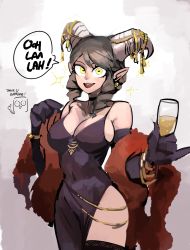 Rule 34 | 1girl, 33dot, alcohol, bangle, black choker, black thighhighs, bracelet, breasts, champagne, champagne flute, choker, cleavage, commentary, commentary request, covered navel, cowboy shot, cup, dress, drill hair, drinking glass, earrings, elbow gloves, english commentary, english text, feather boa, gloves, goat girl, goat horns, grey hair, highres, horizontal pupils, horn ornament, horns, jewelry, krampus (33dot), large breasts, looking at viewer, medium hair, mixed-language commentary, original, pinky out, plunging neckline, pointy ears, purple dress, purple gloves, sharp teeth, side slit, solo, spaghetti strap, teeth, thighhighs, twin drills, upper teeth only, yellow eyes