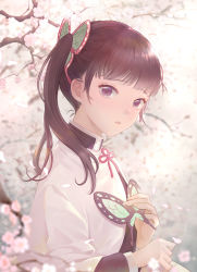 Rule 34 | 1girl, antweiyi, brown hair, butterfly hair ornament, cherry blossoms, day, hair ornament, holding, kimetsu no yaiba, long hair, long sleeves, looking at viewer, neck ribbon, outdoors, parted lips, purple eyes, red ribbon, ribbon, side ponytail, solo, tsuyuri kanao, upper body