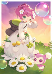 Rule 34 | 1girl, ;d, bubble, character request, creature, dress, flower, green eyes, hair flower, hair ornament, hand up, highres, livly, livly island, long sleeves, looking at viewer, momoshiki tsubaki, one eye closed, open mouth, pink hair, ponytail, puffy long sleeves, puffy sleeves, purple eyes, red flower, red rose, rose, sleeves past wrists, smile, solo, standing, white dress, white flower