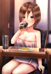 Rule 34 | 00s, 1girl, areola slip, blurry, blurry background, blush, breasts, brown eyes, brown hair, can, chair, cleavage, drinking, eyes visible through hair, food, highres, hiron, indoors, large breasts, looking at viewer, matching hair/eyes, meiko (vocaloid), naked towel, on chair, parted lips, phone, plate, reflection, short hair, sitting, solo, table, towel, vocaloid