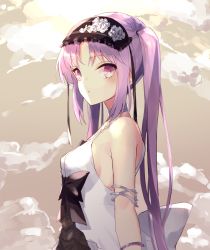 Rule 34 | 1girl, armlet, arms at sides, bare shoulders, black bow, blush, bow, bracelet, breasts, choker, closed mouth, cloud, cloudy sky, commentary request, dress, euryale (fate), euryale (third ascension) (fate), fate/grand order, fate (series), frilled hairband, frills, from side, gem, hairband, jewelry, lolita hairband, long hair, looking at viewer, looking to the side, medium breasts, parted bangs, pearl (gemstone), purple eyes, purple hair, sideboob, sky, sleeveless, sleeveless dress, solo, stardust-kun, twintails, upper body, white choker, white dress