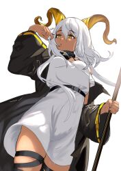 Rule 34 | 1girl, arknights, beeswax (arknights), black jacket, breasts, brown eyes, commentary request, dark-skinned female, dark skin, dress, ela (lilyvalley8), hair between eyes, hand up, highres, horns, jacket, long hair, long sleeves, one-hour drawing challenge, open clothes, open jacket, simple background, skindentation, sleeveless, sleeveless dress, small breasts, solo, standing, very long hair, white background, white dress, white hair, wide sleeves