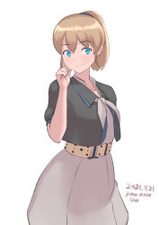 Rule 34 | 1girl, belt, black shirt, blue eyes, blush, breasts, brown hair, dated, hand on own cheek, hand on own face, highres, intrepid (kancolle), kantai collection, large breasts, neckerchief, one-hour drawing challenge, ponytail, porupurucha, shirt, signature, simple background, skirt, smile, solo, white background