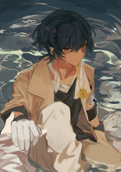 Rule 34 | 2boys, arknights, arm support, black hair, black shirt, braid, brown coat, brown pants, closed mouth, coat, collarbone, commentary request, dark-skinned male, dark skin, elysium (arknights), expressionless, gloves, highres, holding hands, knee up, looking at viewer, male focus, marumarukin, multiple boys, open clothes, open coat, orange eyes, pants, partially submerged, pov, shirt, short hair, sitting, sleeves rolled up, thorns (arknights), water, white gloves
