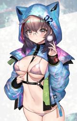 Rule 34 | 1girl, animal hood, bikini, blue jacket, blush, breasts, brown eyes, brown hair, closed mouth, cowboy shot, earrings, glasses, hair between eyes, hand up, highres, hitowa, hood, hood up, hooded jacket, jacket, jewelry, large breasts, long sleeves, looking at viewer, mole, mole on breast, navel, original, pink bikini, pom pom (clothes), pom pom earrings, puffy long sleeves, puffy sleeves, round eyewear, smile, solo, standing, stomach, string bikini, swimsuit