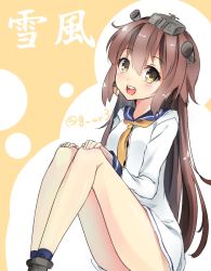 Rule 34 | 10s, 1girl, :d, alternate hair length, alternate hairstyle, bad id, bad pixiv id, bare legs, blush, brown hair, character name, dress, hands on own knees, headgear, kantai collection, long hair, looking at viewer, navy (navy.blue), open mouth, sailor dress, sitting, smile, solo, twitter username, yellow eyes, yukikaze (kancolle)
