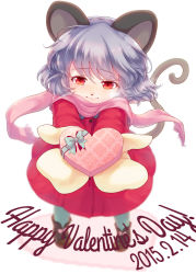 Rule 34 | 1girl, alternate costume, animal ears, blurry, blush, bow, box, candy, chocolate, chocolate heart, coat, dated, depth of field, english text, food, furrification, furry, furry female, gift, gift box, grey hair, heart, iris anemone, long sleeves, mittens, mouse ears, mouse tail, nazrin, outstretched arms, outstretched hand, pigeon-toed, red coat, red eyes, scarf, smile, solo, tail, touhou, valentine, white background