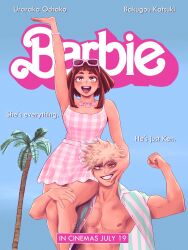 Rule 34 | 1boy, 1girl, bakugou katsuki, barbie (franchise), barbie (live action), bare legs, blonde hair, boku no hero academia, carrying, carrying over shoulder, dress, english text, eyewear on head, flexing, grin, hand on another&#039;s face, hand on leg, hand over face, happy, hetero, highres, holding leg, jewelry, meme, muscular, muscular male, necklace, open clothes, open shirt, palm tree, pectorals, pink dress, sitting on shoulder, smile, spiked hair, sunglasses, teeth, tree, uraraka ochako
