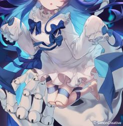 Rule 34 | 1girl, 1other, arms up, barefoot, black hair, bow, commentary request, doll, doll joints, dress, head out of frame, highres, joints, leg ribbon, legs up, linmiu (smilemiku), little witch nobeta, long hair, official art, open mouth, ribbon, short dress, sleeves past wrists, tania (little witch nobeta), white dress