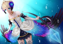 Rule 34 | 1girl, bad id, bad pixiv id, blonde hair, blue eyes, dress, feathers, gwendolyn (odin sphere), highres, multicolored wings, odin sphere, polearm, pteruges, seishiki, solo, spear, strapless, strapless dress, thighhighs, valkyrie, weapon, wings