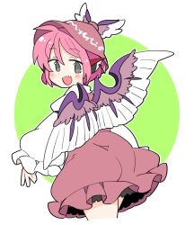 Rule 34 | 1girl, animal ears, bird ears, commentary request, dress, fang, feathered wings, from behind, grey eyes, hat, highres, ini (inunabe00), long sleeves, looking back, mystia lorelei, open mouth, pink hair, smile, solo, touhou, wings