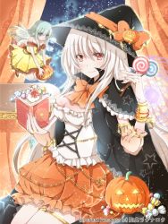 Rule 34 | 2girls, book, breasts, candy, cape, cleavage, fairy, food, frills, green eyes, green hair, halloween, hat, hiro (hirohiro31), holding, jack-o&#039;-lantern, lollipop, long hair, looking at viewer, medium breasts, mini person, minigirl, multiple girls, official art, original, pointy ears, red eyes, silver hair, size difference, smile, witch hat