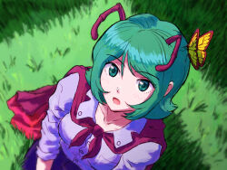 Rule 34 | 1girl, aged up, antennae, aqua eyes, aqua hair, breast pocket, breasts, bug, butterfly, butterfly on head, buttons, cape, collarbone, collared shirt, dress shirt, grass, hair between eyes, highres, insect, open mouth, pocket, purple cape, purple shirt, shirt, short hair, small breasts, solo, touhou, white shirt, wriggle nightbug, zawabug