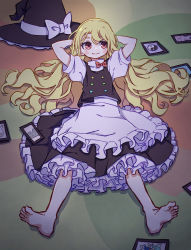 Rule 34 | 100th black market, 1girl, absurdres, apron, barefoot, black hat, black skirt, black vest, blonde hair, blush stickers, buttons, card, cirno, closed mouth, frilled skirt, frills, hat, highres, kame (kamepan44231), kirisame marisa, long hair, multicolored buttons, petticoat, puffy short sleeves, puffy sleeves, red eyes, shirt, short sleeves, skirt, smile, solo, touhou, unworn hat, unworn headwear, vest, white apron, white shirt, witch hat