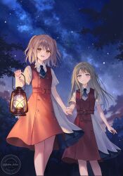 2girls buttons comic_yuri_hime cover double-breasted fukahire_(ruinon) highres holding holding_hands holding_lantern lantern long_hair medium_hair multiple_girls night night_sky sky smile star_(sky) starry_sky tree