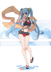 Rule 34 | 1girl, bikini, blue eyes, blue hair, full body, hatsune miku, highres, long hair, navel, open mouth, qingye ling, sandals, scarf, sidelocks, solo, swimsuit, thigh gap, twintails, very long hair, vocaloid