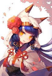 Rule 34 | 1girl, animal hood, blue hair, blunt bangs, closed mouth, dress, flower, fox hood, glint, hair flower, hair ornament, hair tie, head tilt, highres, hood, japanese clothes, kimono, light smile, long hair, looking at viewer, low twintails, mulalang, original, petals, solo, tassel, twintails, upper body, very long hair, white dress, white kimono, yellow eyes