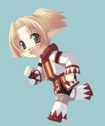 Rule 34 | 00s, 1girl, :d, blonde hair, blue background, brown eyes, final fantasy, final fantasy xi, from side, full body, gloves, knee pads, long sleeves, looking at viewer, looking to the side, open mouth, pointy ears, robe, running, short hair, simple background, smile, solo, tarutaru, white gloves, white mage (final fantasy)