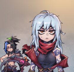 Rule 34 | 2girls, arm tattoo, bare shoulders, black hair, black sclera, blue hair, bow, breasts, brown eyes, colored sclera, commentary, english commentary, genderswap, genderswap (mtf), gradient background, grey hair, hair ribbon, heterochromia, holding, holding scythe, kayn (league of legends), league of legends, long hair, looking at viewer, medium breasts, messy hair, multicolored hair, multiple girls, navel, orange bow, parted lips, phantom ix row, ponytail, red eyes, ribbon, scythe, shoulder tattoo, single bare shoulder, single shoulder pad, tattoo, teeth, two-tone hair, upper body, zed (league of legends)