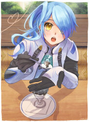 Rule 34 | 1girl, absurdres, arc the lad, black gloves, blue hair, gloves, hair over one eye, highres, iro saki, long hair, looking at viewer, mizuha, open mouth, ponytail, solo, yellow eyes