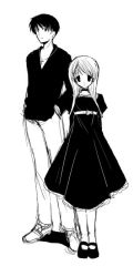 Rule 34 | 1boy, 1girl, collarbone, dress, full body, greyscale, hands in pockets, height difference, looking at viewer, mary janes, monochrome, original, shirt, shoes, simple background, standing, t-shirt, white background