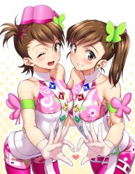 Rule 34 | 10s, 2girls, aya shachou, bare shoulders, belt, blush, bodypaint, breast press, breasts, brown eyes, brown hair, female focus, futami ami, futami mami, gloves, grin, hat, heart, heart hands, heart hands duo, idolmaster, idolmaster (classic), idolmaster 2, pantyhose under shorts, looking at viewer, multiple girls, nipples, nude, one eye closed, open mouth, painted clothes, pantyhose, princess melody (idolmaster), short hair, shorts, siblings, side ponytail, sisters, small breasts, smile, sweat, twins, wink