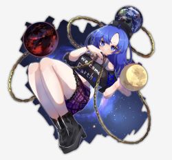 Rule 34 | 1girl, ayahi 4, bare legs, barefoot, black shirt, blue hair, clothes writing, earth (ornament), hecatia lapislazuli, hecatia lapislazuli (earth), highres, knees, lace, lace-trimmed skirt, lace trim, legs, moon (ornament), off-shoulder shirt, off shoulder, plaid, plaid skirt, red eyes, red hair, shirt, skirt, solo, space, t-shirt, touhou, white background
