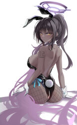 Rule 34 | 1girl, absurdres, animal ears, arm support, ass, black hair, black leotard, blue archive, blush, breasts, chinoryuu, dark-skinned female, dark skin, detached collar, fake animal ears, fake tail, fishnet pantyhose, fishnets, gloves, gradient hair, halo, highleg, highleg leotard, highres, karin (blue archive), karin (bunny) (blue archive), large breasts, leotard, long hair, looking at viewer, looking back, median furrow, multicolored hair, pantyhose, playboy bunny, ponytail, purple hair, rabbit ears, rabbit tail, sideboob, simple background, solo, strapless, strapless leotard, tail, very long hair, white background, white gloves, yellow eyes
