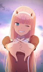 Rule 34 | 1girl, absurdres, darling in the franxx, fingers together, green eyes, hairband, highres, horns, long hair, looking at viewer, one eye closed, oni horns, pink hair, red horns, solo, user zuwm5732, white hairband, zero two (darling in the franxx)
