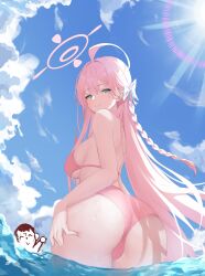 Rule 34 | 1girl, absurdres, ass, bikini, blue archive, braid, cloud, cloudy sky, day, doodle sensei (blue archive), green eyes, halo, hanako (blue archive), highres, looking at viewer, ocean, outdoors, pink bikini, pink hair, sensei (blue archive), sky, smile, solo, sunlight, swimsuit, thighhighs, wading, wet, yingchuishiting