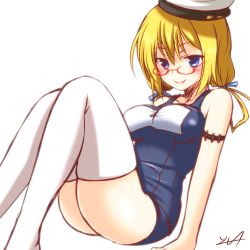 Rule 34 | 10s, 1girl, blonde hair, blue eyes, breasts, glasses, hat, i-8 (kancolle), kantai collection, low twintails, medium breasts, one-piece swimsuit, peaked cap, red-framed eyewear, school swimsuit, smile, solo, swimsuit, thighhighs, twintails, white thighhighs, yua (checkmate)