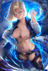 Rule 34 | 1girl, android, android 18, belt, blonde hair, blue eyes, blue theme, breasts, breasts out, cleavage, dragon ball, dragonball z, female focus, highres, hip focus, jacket, large breasts, legs, long hair, navel, nipples, no panties, pantyhose, realistic, sakimichan, shirt, shoes, short hair, shorts, solo, standing, stomach, thighs, torn, torn clothes, torn pantyhose, wide hips