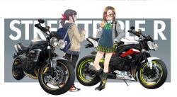 Rule 34 | 2girls, aqua eyes, backpack, bag, black hair, black pantyhose, bow, bowtie, brown hair, cardigan, commentary request, drink, full body, glasses, gloves, green bow, green bowtie, highres, jacket, long hair, looking at another, miniskirt, motor vehicle, motorcycle, multiple girls, open clothes, open jacket, original, pantyhose, ponytail, red-framed eyewear, sasetsu, school uniform, shoes, skirt, sneakers, vehicle request, yellow eyes