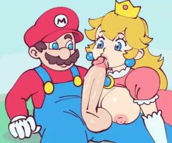 Rule 34 | 1boy, 1girl, animated, big nose, blinking, blonde hair, blue eyes, blue overalls, breast press, breasts, breasts out, brooch, brown hair, buttons, collaboration, crown, drcockula, dress, earrings, elbow gloves, erection, eyelashes, facial hair, fellatio, gloves, hat, jewelry, large breasts, large penis, lips, long hair, long sleeves, looking at another, mario, mario (series), mustache, nintendo, nipples, nose, notice lines, open hand, open mouth, oral, overalls, penis, pink dress, pink lips, princess peach, puffy short sleeves, puffy sleeves, red headwear, red shirt, rolling eyes, saliva, shirt, short sleeves, sitting, super mario bros. 1, supersatanson, testicles, thick eyebrows, turtleneck, uncensored, video, white gloves
