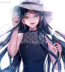 Rule 34 | alternate costume, artist name, blue hair, commentary request, danganronpa (series), danganronpa v3: killing harmony, dated, dress, glasses, happy birthday, hat, heart, long hair, looking at viewer, open mouth, parted bangs, purple dress, shirogane tsumugi, simple background, sleeveless, sleeveless dress, smile, solo, white background, white hat, z-epto (chat-noir86)