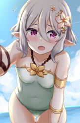 Rule 34 | 1girl, armlet, backlighting, blue sky, blush, breasts, cloud, collarbone, commentary request, day, flower, green one-piece swimsuit, hair between eyes, hair flower, hair ornament, highres, kibihimi, kokkoro (princess connect!), kokkoro (summer) (princess connect!), looking at viewer, medium breasts, ocean, one-piece swimsuit, open mouth, pink eyes, pointy ears, princess connect!, short hair, silver hair, sky, solo, swimsuit