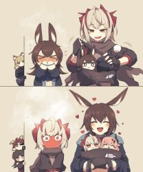 Rule 34 | &gt; &lt;, 1boy, 1other, 4girls, ahoge, amiya (arknights), animal ear fluff, animal ears, arknights, bag, black coat, black hair, black jacket, black scarf, blonde hair, blush, brown eyes, brown hair, character doll, character request, closed eyes, closed mouth, coat, commentary request, demon girl, demon horns, doctor (arknights), duffel bag, eyepatch, fingerless gloves, gloves, heart, holding, holding bag, hood, hood up, hooded coat, hooded jacket, horns, jacket, lari lab, multiple girls, nail polish, open mouth, orange eyes, own hands together, peeking out, pink hair, rabbit ears, rabbit girl, red nails, scarf, smile, w (arknights), yellow eyes