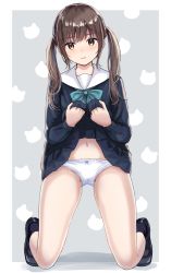 Rule 34 | 1girl, bare legs, black footwear, black socks, blue shirt, blue skirt, blush, bow, bowtie, brown eyes, brown hair, burenbo, clothes lift, commentary request, crotch seam, head tilt, highres, kneeling, lifted by self, loafers, long hair, long sleeves, looking at viewer, miniskirt, navel, original, panties, parted lips, pleated skirt, sailor collar, school uniform, shirt, shoes, sidelocks, skirt, skirt lift, socks, solo, twintails, underwear, white panties, white sailor collar