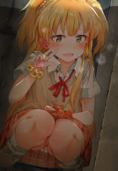 Rule 34 | 1girl, :d, bad id, bad pixiv id, blonde hair, blush, collarbone, collared shirt, commentary request, condom, condom wrapper, fangs, flower, flower bracelet, gomennasai, green eyes, hair between eyes, heart, heart-shaped pupils, heavy breathing, highres, holding, holding condom, idolmaster, idolmaster cinderella girls, jougasaki rika, long hair, looking at viewer, loose socks, neck ribbon, open mouth, orange skirt, panties, plaid, plaid skirt, pleated skirt, red ribbon, remote control vibrator, ribbon, sex toy, shirt, skirt, smile, socks, solo, squatting, sweat, sweater vest, symbol-shaped pupils, two side up, underwear, v, very long hair, vibrator, vibrator cord, vibrator under clothes, vibrator under panties, white legwear, white panties, white shirt, yellow flower