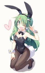 Rule 34 | 1girl, animal ears, bow, bowtie, breasts, cleavage, detached collar, frog hair ornament, full body, green eyes, green hair, hair ornament, hair tubes, heart, high heels, kneeling, kochiya sanae, leotard, long hair, looking at viewer, matching hair/eyes, one eye closed, open mouth, pantyhose, playboy bunny, rabbit ears, rabbit tail, satou kibi, simple background, smile, solo, tail, touhou, wrist cuffs