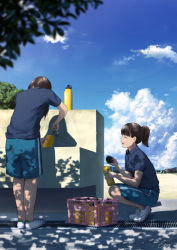 Rule 34 | 2girls, ^ ^, black hair, blouse, blue shirt, blue shorts, blue sky, blunt bangs, bottle, breasts, building, closed eyes, cloud, collared shirt, commentary request, dappled sunlight, day, fountain, from behind, from side, gym shorts, highres, holding, holding bottle, long hair, multiple girls, open mouth, original, outdoors, papi (papiron100), ponytail, power lines, shirt, shoes, short sleeves, shorts, signature, sky, small breasts, smile, sneakers, squatting, standing, summer, sunlight, tree, white footwear