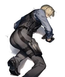 Rule 34 | 1boy, ass, ass focus, black gloves, black pants, blue shirt, brown hair, bulletproof vest, e (h798602056), gloves, gun, holster, holstered, leon s. kennedy, male focus, pants, resident evil, resident evil 6, shirt, short hair, simple background, solo, thigh holster, weapon, white background