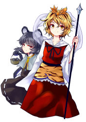 Rule 34 | 2girls, animal ears, animal print, basket, bishamonten&#039;s spear, blonde hair, bow, capelet, gem, grey hair, hair bow, highres, jewelry, long sleeves, looking at viewer, mouse (animal), mouse ears, mouse tail, multicolored hair, multiple girls, nazrin, necklace, pendant, red eyes, shawl, shirt, short hair, simple background, skirt, smile, streaked hair, tail, tiger print, toramaru shou, touhou, uranaishi (miraura), wide sleeves, yellow eyes