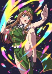 Rule 34 | 1girl, black footwear, braid, chinese clothes, collared shirt, dress, fighting stance, fingernails, foot out of frame, green dress, green eyes, green hat, gyouza (mhea5724), hat, hat ornament, highres, hong meiling, long hair, open mouth, red hair, shirt, shoes, short sleeves, solo, star (symbol), star hat ornament, touhou, twin braids, white shirt