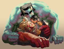 Rule 34 | 3boys, bara, beard, black eyes, black hair, blonde hair, blue oni, blue oni (chijimetaro), blue skin, blush, breath, chijimetaro, colored skin, completely nude, facial hair, giant, giant male, group sex, hairy, highres, horns, implied anal, implied sex, licking, licking another&#039;s face, lucky student (chijimetaro), male focus, mini person, miniboy, mmm threesome, multiple boys, muscular, nude, one eye closed, oni, oni horns, original, pointy ears, red oni, red oni (chijimetaro), red skin, short hair, size difference, steam, sweat, threesome, tongue, tongue out, yaoi