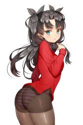 Rule 34 | 1girl, ass, black hair, black pantyhose, black ribbon, cowboy shot, fate/stay night, fate (series), green eyes, hair ribbon, highres, long hair, panties, panties under pantyhose, pantyhose, ribbon, ruhee, simple background, solo, striped clothes, striped panties, tohsaka rin, two side up, underwear, white background